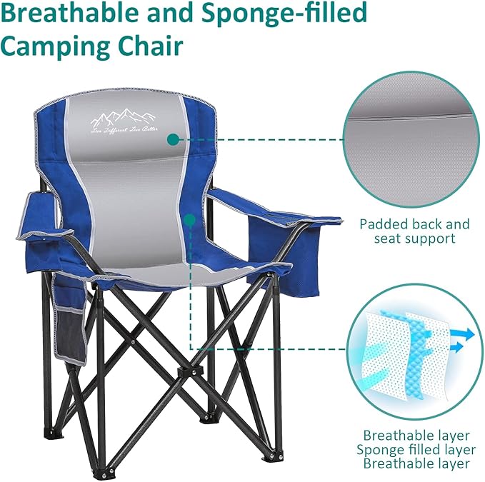 Camping Chair with Cooler Bag, Cup Holder, Storage Pocket, Heavy Duty 450lbs Capacity with Large Anti-Sink Feet, Portable Folding Padded Chair for Outdoor, Beach, Fishing, Sports, Blue