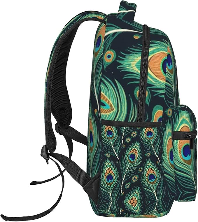 Women Men Polyester Chic Animal Beautiful Peacock Feather Green Art Casual Daypack Large Capacity Bookbag With Side Pockets for Sports Picnic Walking Cycling