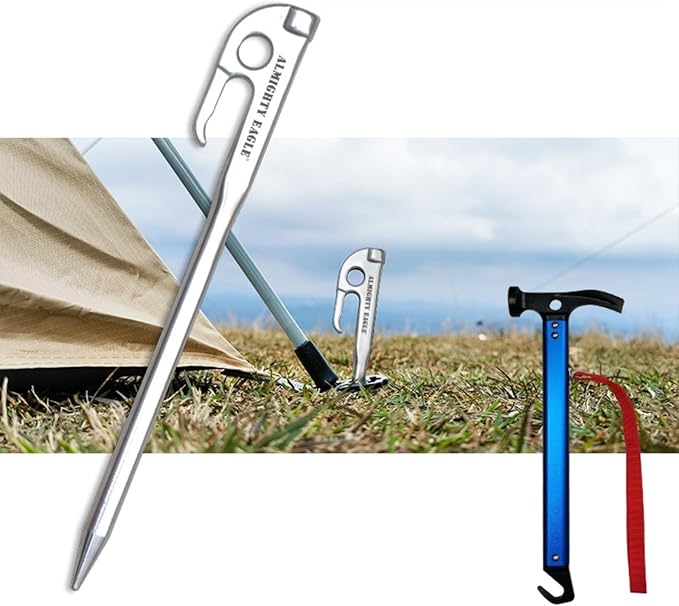 30cm Stainless Steel Tent Pegs Ground Nails Camping Hiking Metal Anchors Durable Practical Multifunctional Outdoor Use，8 Stainless Steel Ground Pegs with Mallet Hammer, Storage Bag