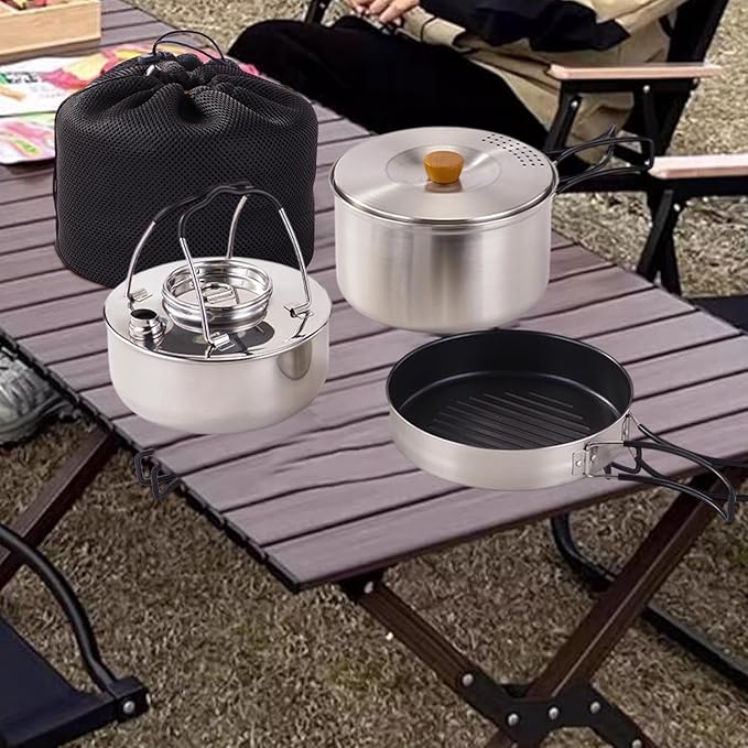 Camping Mess Kit,Nonstick Frying Pan,Open Fire Cookware,Folding Handle,Gear,Outdoor Camping Cookware,Soup Pot for Camping BBQ