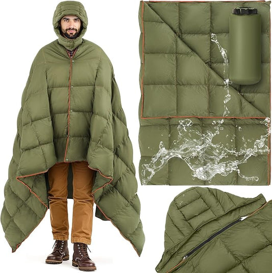 Hooded Down Camping Blanket Waterproof 650 Fill Puffy Poncho Blanket 77" x 50" Packable Wearable Sleeping Bag with Detachable Hat Outdoor Stadium Camping Cold Weather, 1.36 lb(Olive Green)