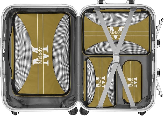Personalized Compression Packing Cubes with Name, 4 Set Mesh Travel Organizer Bags for Carry on Women Men Boys, Luggage, Suitcase, Olive Green with Initial Letter