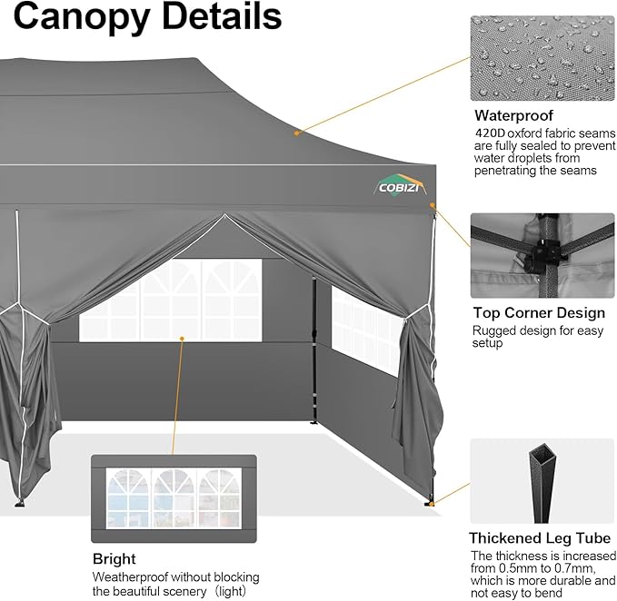 COBIZI 10x20 Pop up Canopy Tent 10x20 Canopy with 6 Sidewalls Waterproof Heavy Duty Commercial Tent for Parties Outdoor Garden Gazebo, Carry Bag with Wheel(10x20ft, Gray)