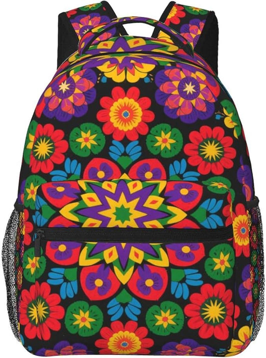 Backpack Polyester Anti-Theft Multipurpose Psychedelic Trippy Mandala Flower Bookbag Large Capacity Laptop Book Bag Rucksack With Side Pockets