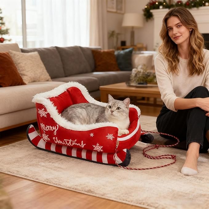 Christmas Sleigh Dog Cat Beds, Christmas Themed Pet Sleigh Bed, Festive Insulated Nest for Winter Holiday Puppy Animal Calming Sleeping Kitten Cold Weather Nights Indoor Rest