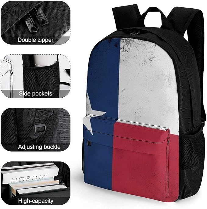 Polyester Daypack for Hiking Work Running, Big Capacity Anti-Theft Multipurpose Shoulder Bag, Texas State Flag Travel and Sport Backpack Rucksack
