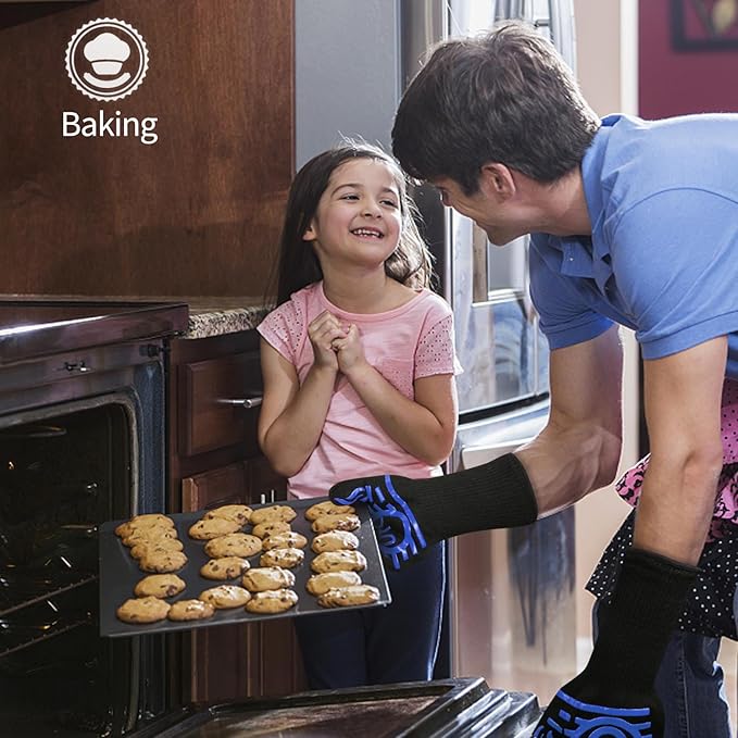 BBQ Gloves, 1472°F Heat Resistant Grilling Gloves, Silicone Non-Slip Long Cooking Gloves for Kitchen, Oven, Baking Campfire and Smoker, EN407 Certified, Blue, XL Size, 1 Pair