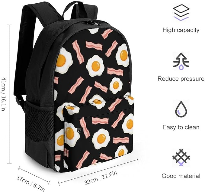 Rucksacks Lightweight Multipurpose Anti-Theft Funny Fried Egg And Bacon Black Shoulder Bag Large Capacity Business Computer Bag With Smooth Zippers