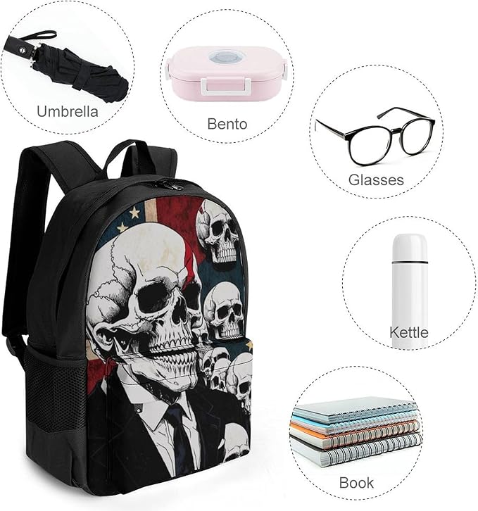 Polyester Daypack Backpack for Sports Travel Running, Big Capacity Anti-Theft Multipurpose Carry On Bag, Skull American Flag Blue Red White Laptop Book Bag Rucksack