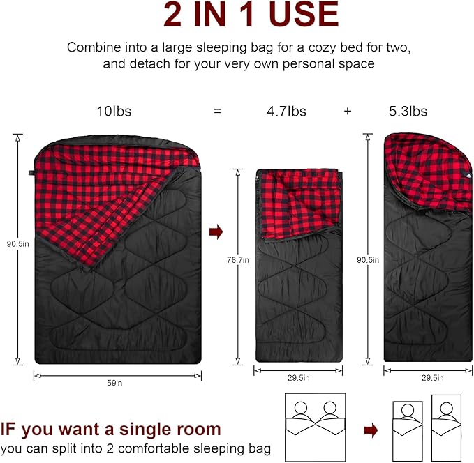 AGEMORE Cotton Flannel Double Sleeping Bags for Adults, Cold Weather Waterproof Queen Size Sleeping Bag, 2 Person Double Wide Warm Sleeping Bag for Family or Couples Outdoor Camping or RV Traveling