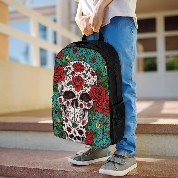 Supdreamc Daypack Bookbag Anti-Theft Multipurpose Large Capacity Bookbag, Sugar Skull Roses Flower Art Travel Hiking Camping Rucksack With Adjustable Shoulder Straps