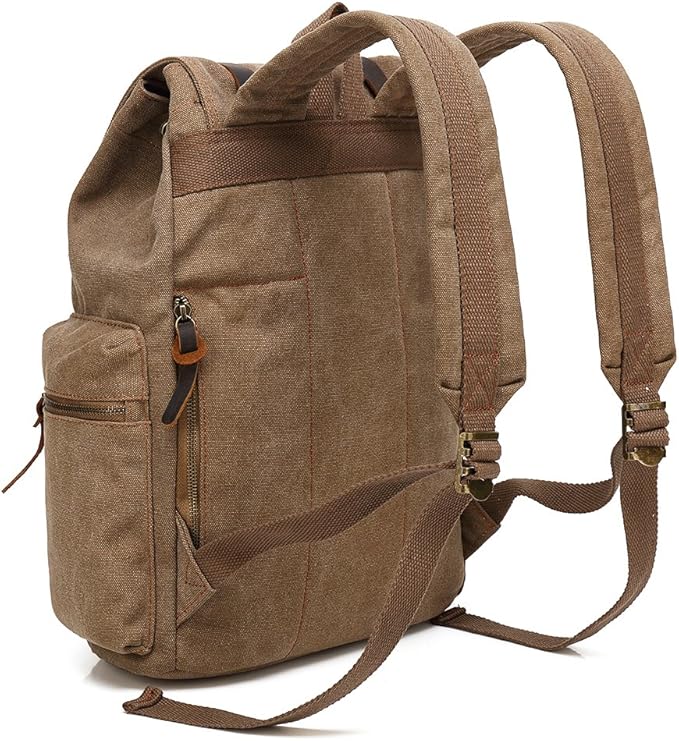 HuaChen Vintage Canvas Travel Backpack with Leather Trim, Laptop Padded Sleeve, Hidden Back Security Pocket, Fits 14-Inch, M32 Brown