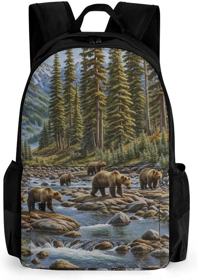 Men Women Polyester Western Mountain Bear Retro Daypack Backpack Large Capacity Carry On Bag With Smooth Zippers for Hiking Picnic Walking Cycling