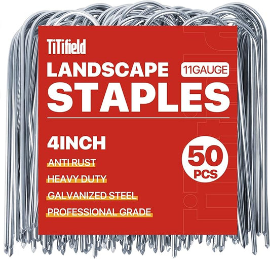 U Shape Garden Stakes 50 Packs 4 Inch 11 Gauge Irrigation Tubing Stakes, Heavy Duty Galvanized Landscape Staples for Tube, Lawns, Landscape Fabrics,Irrigation Hose and Weed Barriers