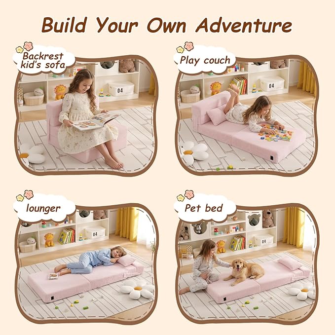 Folding Sofa Bed Floor Mattress for Kids with Pillow, Toddler Washable Folding Floor Nap Mat for Daycare, Child Fold Up Sofa Futon Chair Bed with Storage Bag for Playroom, Camping