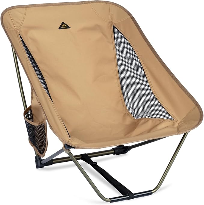 iClimb Low Ultralight Compact Camping Folding Chair with Side Pocket and Carry Bag (Khaki)