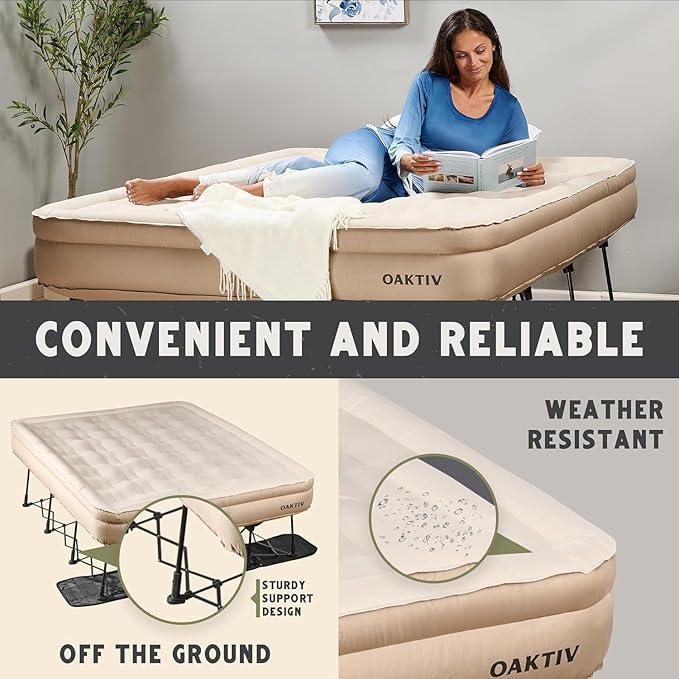 Queen Air Mattress with Frame, Self Inflating/Deflating Bed for Adults - PeakRest Blow Up Bed, Camping Cot with Mattress for Adults - Portable Queen with Travel Rolling Case on Wheels