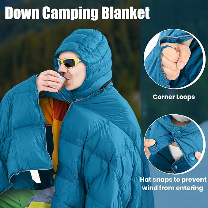 Hooded Down Camping Blanket Waterproof 650 Fill Puffy Poncho Blanket 77" x 50" Packable Wearable Sleeping Bag with Detachable Hat Outdoor Stadium Camping Cold Weather, 1.36 lb(Teal Blue)
