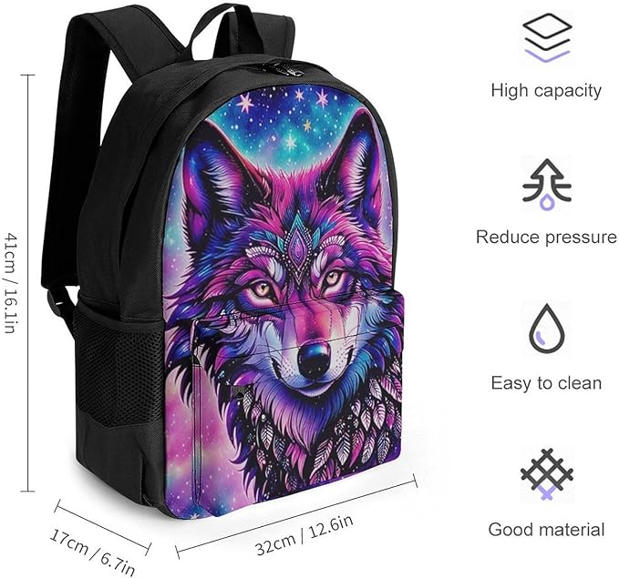 Supdreamc Men Women Polyester Naive Wolf Head Pink Daypack Bookbag Big Capacity Shoulder Bag With Padded Straps for Climbing Travel Walking Cycling