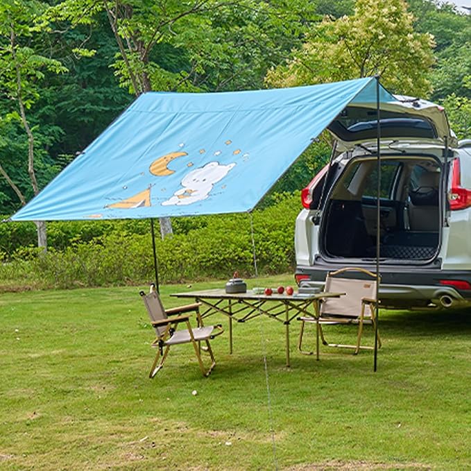 Blueshyhall Waterproof Camper Trailer Tent Roof Top Car Shelter, Awning Anti-Sun and Rainproof for Outdoor Camping Travel Picnic Fishing Beach, Cute White Bear Patten