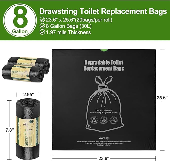 BLIKA Camping Toilet Bags Eco Absorbent Gel Set, Drawstring Portable Toilet Bags with Gel, 8 Gallon (30L) Heavy Duty 1.97 Mil, Toilet Replacement Bag with Toilet Powder for Camping Outdoor Hiking