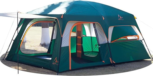 KTT Extra Large Tent 10-12-14 Person(A),Family Cabin Tents,2 Rooms,3 Doors and 3 Windows with Mesh,Straight Wall,Waterproof,Double Layer,Big Tent for Outdoor,Picnic,Camping,Family Gathering