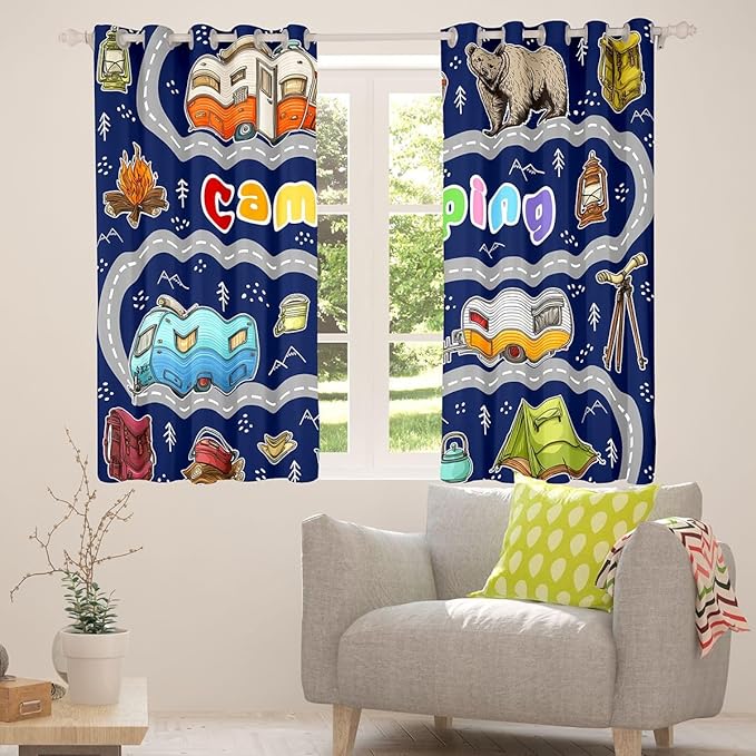 Feelyou Cute Rv Camping Camper Curtains for Bedroom Living Room Wildlife Animal Bear Blackout Shades Happy Camping Room Darkening Curtain Window Treatments, 2 Panels 42 x 63 Inch Decor