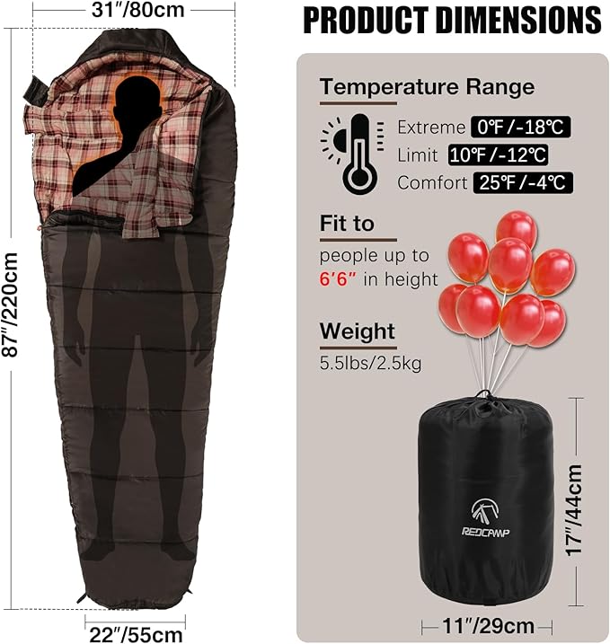 REDCAMP Cold Weather Mummy Sleeping Bag, Warm Flannel Cotton Sleeping Bag, 2 lbs/ 4 lbs Filling