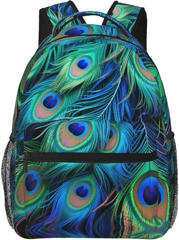 Men Women Polyester Chic Animal Beautiful Peacock Feather Art Daypack Big Capacity Shoulder Bag With Adjustable Shoulder Straps for Camping Travel Walking Cycling