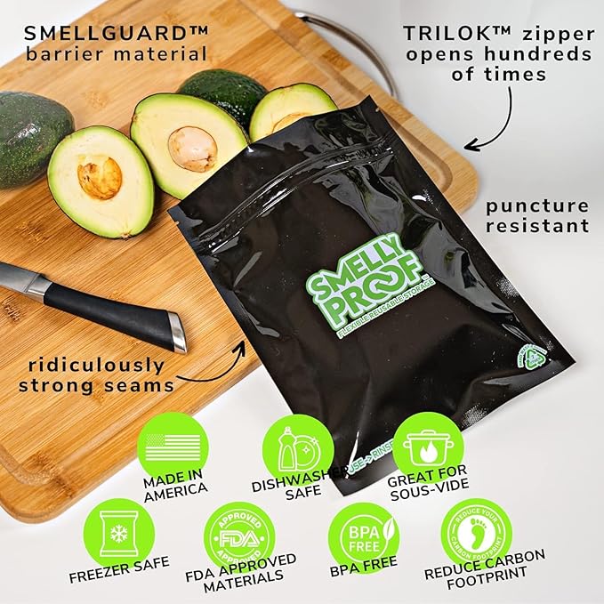 Smelly Proof Reusable Food Storage Bags, Black 4-Mil Thick, Heavy Duty Reusable Snack Bags, Reusable Freezer Bags, BPA-Free, No PEVA, Non-Silicone, 6.5” x 7.5”, 50-Pack