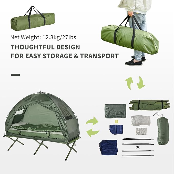 Person Foldable Camping Cot with Tent, Bedspread and Thick Air Mattress, 4-in-1 Elevated Camping Bed Tent for Outdoor Hiking, Picnic, Travel