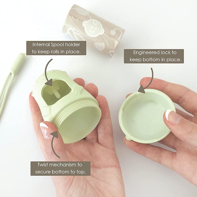 Teddy Bear Diaper Bag Dispenser | Diaper Trash Bags on the Go Dispenser w/Silicon Strap | 15 UNSCENTED Baby Poop Bags per Roll | Dirty Diaper Bags Disposable | Diaper Waste Bags (SAGE GREEN)