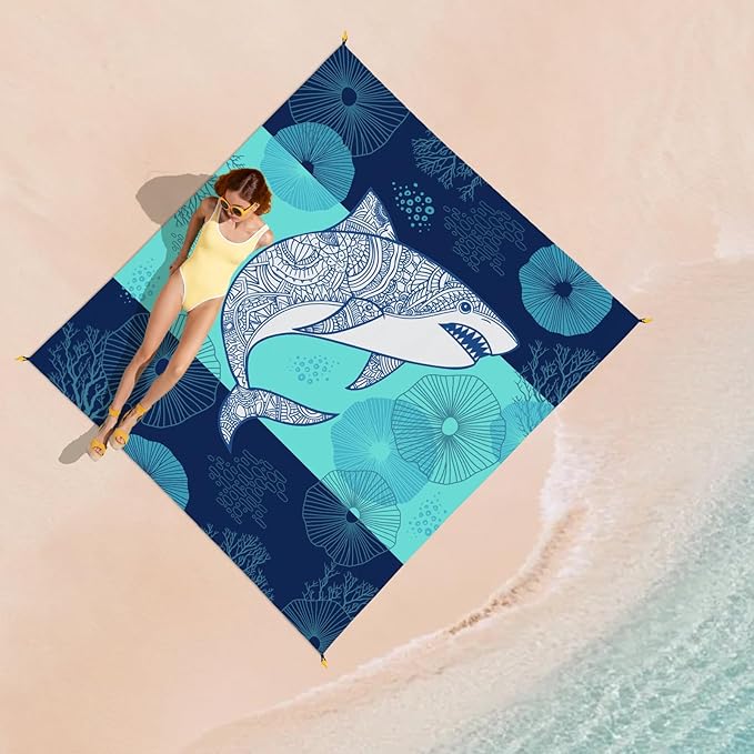 Beach Blanket Waterproof Sandproof, Shark Oversized Extra Large Picnic Mat 83"×95"/8 × 7 FT for 1-7 Adults for Travel Camping Hiking, Quick Drying Lightweight Beach Vacation Essentials