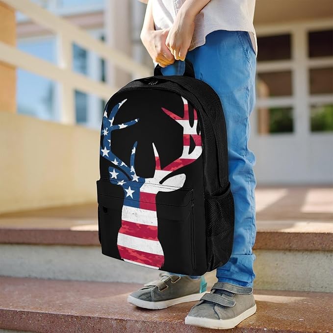 Supdreamc Polyester Daypack Backpack for Climbing Outdoors Running, Big Capacity Multipurpose Anti-Theft Bookbag, Camo Deer Hunting Camouflage Usa Flag Travel Hiking Camping Rucksack