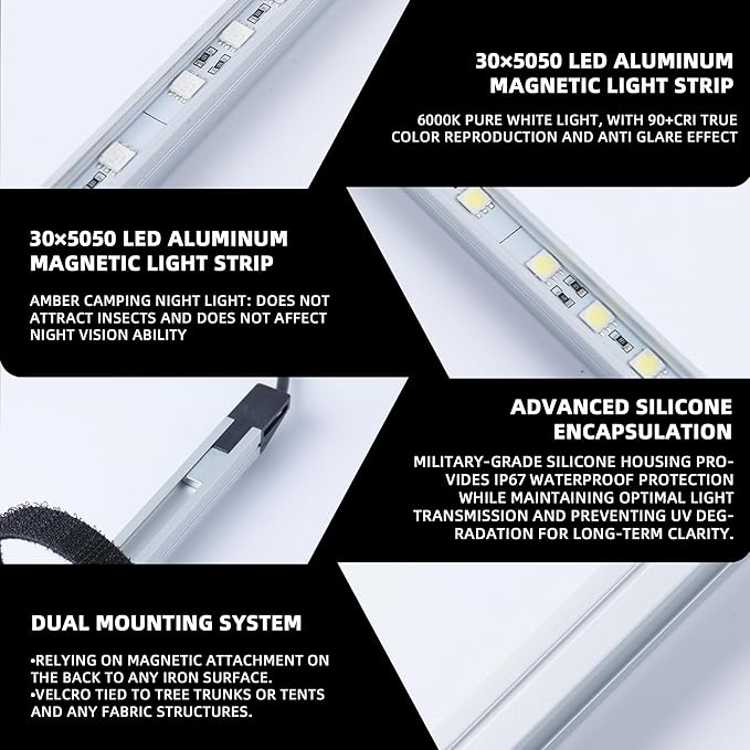 12V LED Light Bar Kit, 2 Bars White & 2 Bars Amber Adjustable Brightness RV Camping Lights - Waterproof IP67, Magnetic & Velcro Mount, Portable Lighting for Tent, Car, Trailer, Boat, Truck, Off-Road