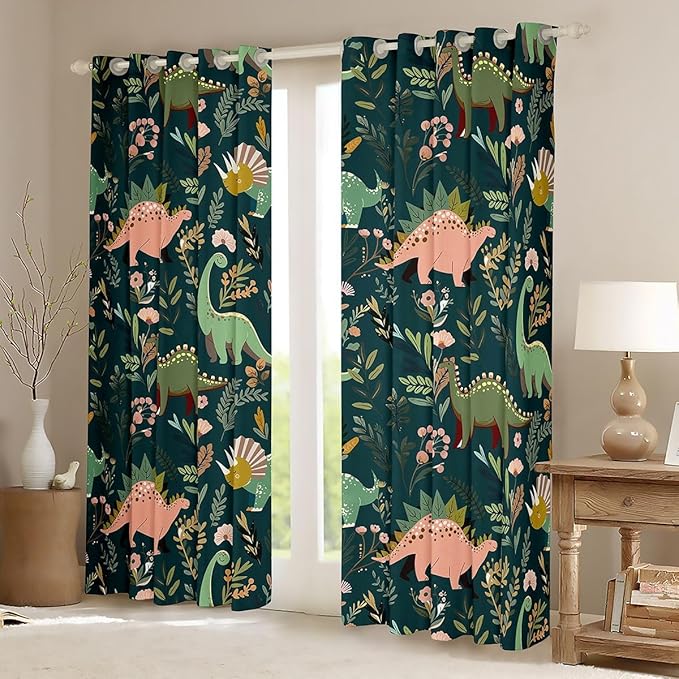 Green Dinosaurs Window Curtain | Tropical Palm Leaf Blackout Curtain for Boys Bedroom Decor,Cartoon Dinosaur Curtains Colorful Floral Living Room Top 2 Panels,42Wx63L