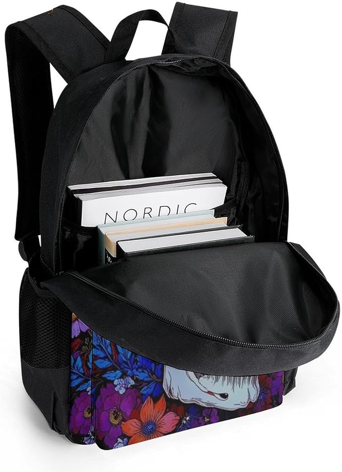 Polyester Daypack Backpack for Trekking Picnic Walking Cycling, Large Capacity Anti-Theft Multipurpose Shoulder Bag, Hippie Skull Florals Bird Art Casual Daypack