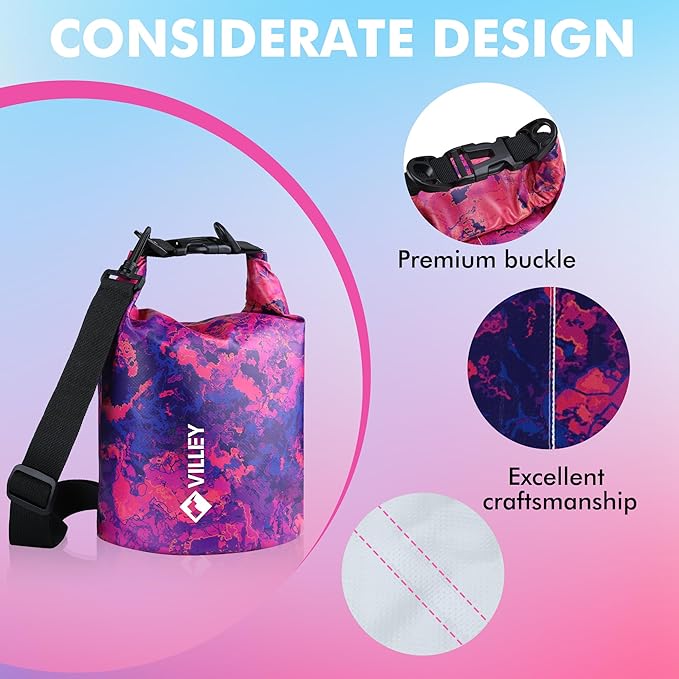 VILLEY Dry Bag Waterproof 5L Roll Top Storage Backpack, Keeps Gear Dry Lightweight Backpack for Kayaking Boating Camping Swimming and Beach Accessories Red Camo