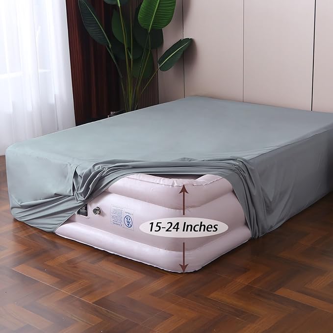 Twin Fitted Sheet for Air Mattress,with 24 Inch Extra Deep Pockets,Ultra Soft Durable Breathable Bed Sheets Cover for Inflatable Air Bed,with Pump Opening,Inflate at Any Time-Gray