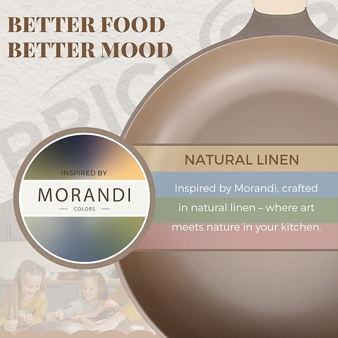 PRICUSIS Nonstick Frying Pan with Lid, Healthy Skillet, Egg Pan Nonstick Omelet Pan Chef's Pan, PFOA & PTFE Free, Induction Compatible (10 Inch W/L Natural Linen)