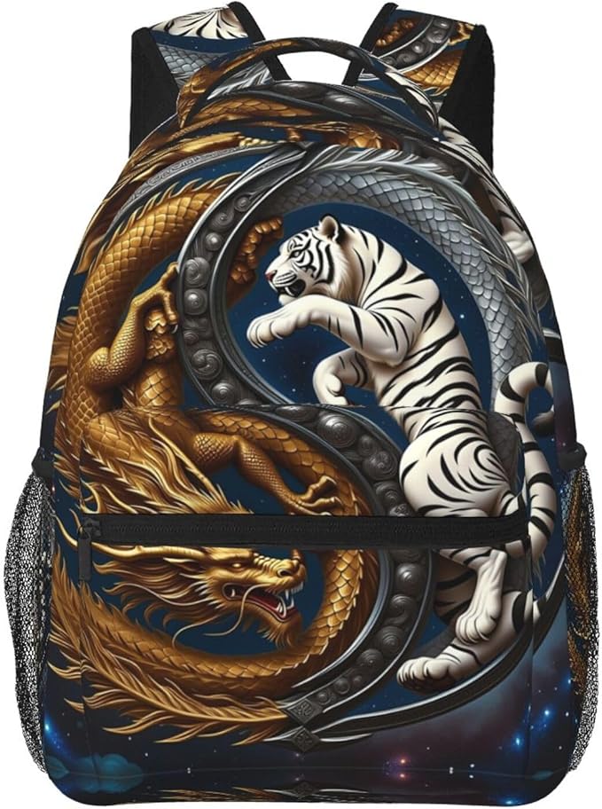 Men Women Lightweight Yin Yang Gold Dragon White Tiger Art Casual Daypack Large Capacity Bookbag With Adjustable Shoulder Straps for Gym Business Bicycle