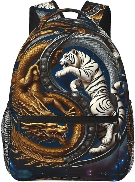 Men Women Lightweight Yin Yang Gold Dragon White Tiger Art Casual Daypack Large Capacity Bookbag With Adjustable Shoulder Straps for Gym Business Bicycle