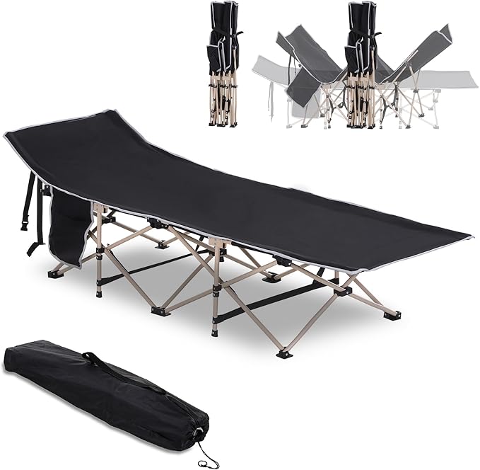 Outsunny Folding Camping Cot for Adults with Carry Bag, Side Pocket, Outdoor Portable Sleeping Bed for Travel, Camp, Vacation, 330 lbs. Capacity, Black