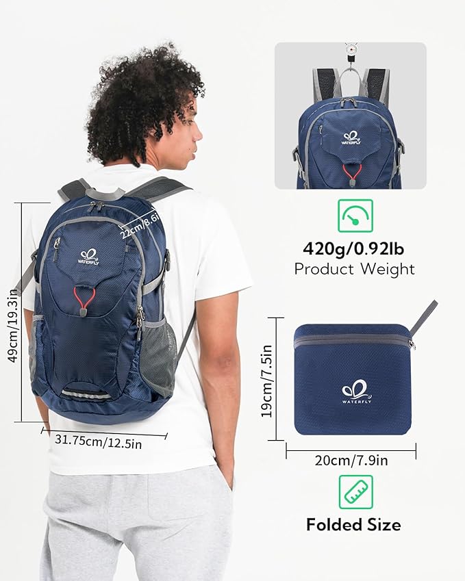 WATERFLY Lightweight Packable Hiking Backpack: 30L Foldable Travel Daypack Ultralight Camping Day Pack for Woman Man Dark Blue