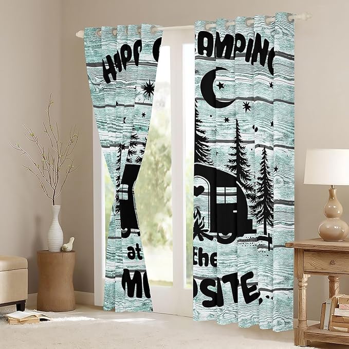 Feelyou Happy Camping Curtains for Bedroom Living Room Rv Camping Camper Blackout Darkening Drapes Travel Trailers Window Treatments, 2 Panels 42 x 63 Inch Room Decor