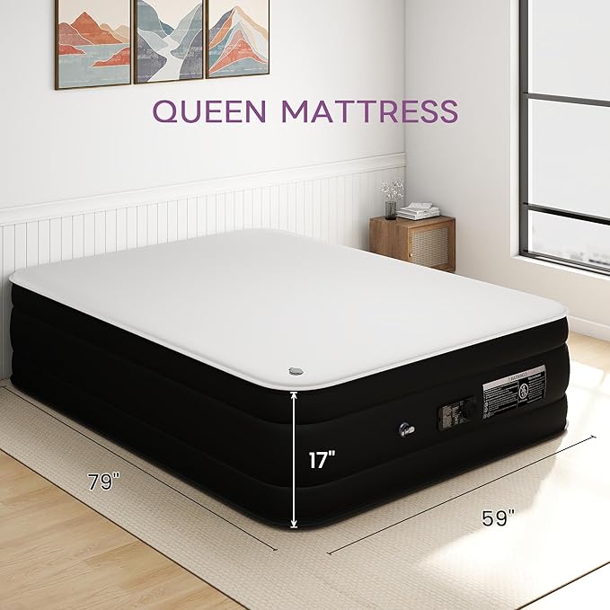 Queen Air Mattress,17” Inflatable Blow Up Bed with High Capacity Built in Pump, Soft Milk Fiber Topper. 900 Lb. Limit, for Home, Camping, Guests