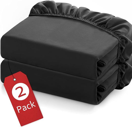 Twin Fitted Sheets 2 Pack Only, Mattress Up to 14 Inches Deep Pocket, Ultra Soft and Breathable Twin Bed Sheets, Long Lasting Single Fitted Sheets, Black