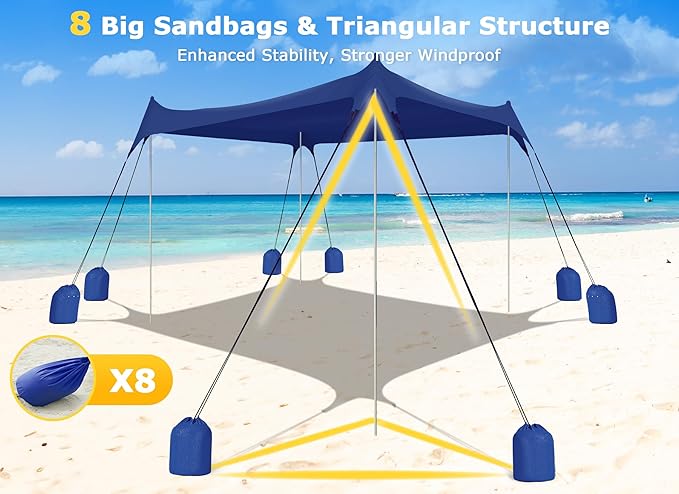 Gorich Beach Tent Sun Shelter with 8 Sandbags, UPF50+ Protection & Windproof Pop Up Beach Canopy Tent Sun Shade for Family, Travel & Camping, Easy Setup Canopy Umbrella