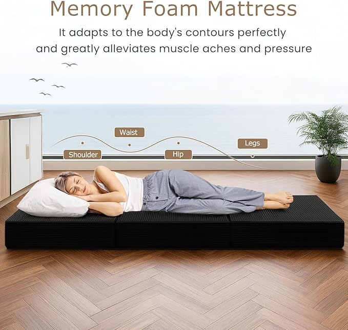 6-Inch Tri-Fold Mattress Full Size - Foldable Futon Sofa Bed with Removable Washable Cover, Folding Memory Foam Futon Mattress | Non-Slip Bottom & Carry Handles for Guest, Camping, Dorm