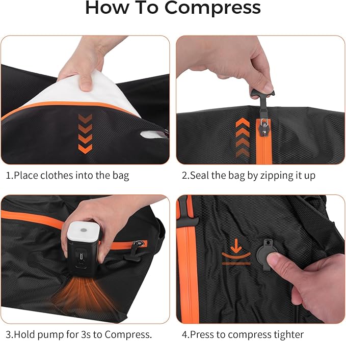 Vacuum Bags for Travel with Wireless Electric Pump, 2 Pack (17L+44L) Compression Packing Cubes for Backpack & 24"/28" Luggage, Heavy Duty Nylon Space Saver, IP67 Waterproof & Privacy Black
